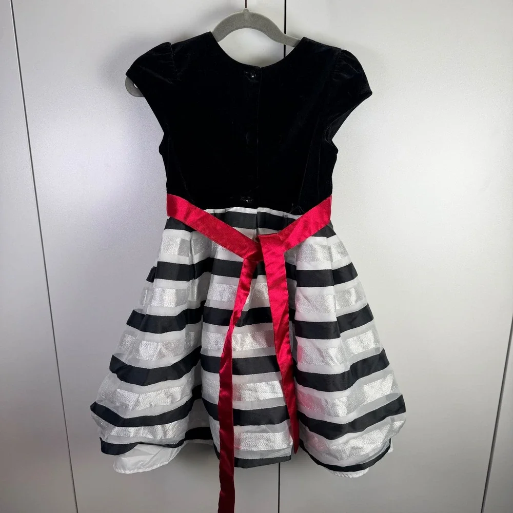 Jona Michelle Girls Size 5 Black Velvet Red Bow Striped‎ Party Dress Holiday